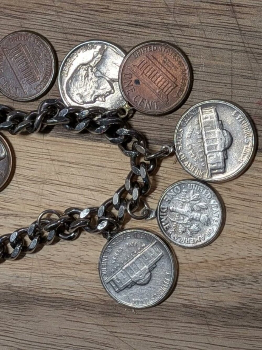 Vintage Coin Charm Bracelet 1950-60s 7 Coins - Bracelet
